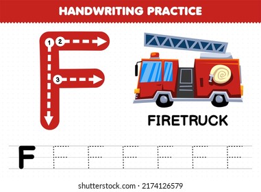 Education game for children handwriting practice with uppercase letters F for firetruck printable worksheet