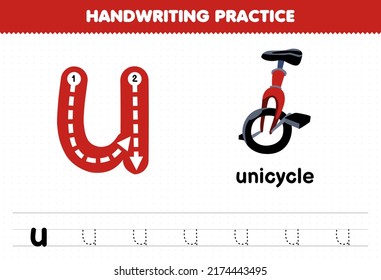 Education game for children handwriting practice with lowercase letters u for unicycle printable worksheet