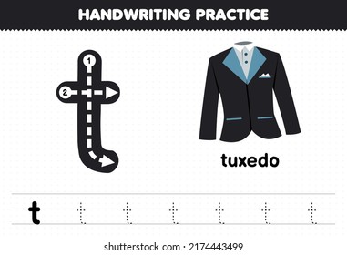 Education game for children handwriting practice with lowercase letters t for tuxedo printable worksheet