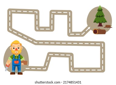 Education game for children handwriting practice trace the lines move cute cartoon carpenter profession to tree log printable worksheet