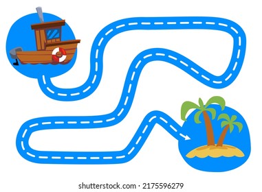 Education game for children handwriting practice trace the lines move cute cartoon wooden ship to island printable worksheet