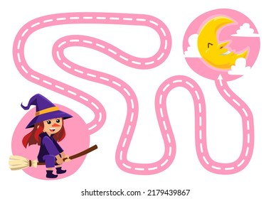 Education game for children handwriting practice trace the lines move cute cartoon witch to moon halloween printable worksheet