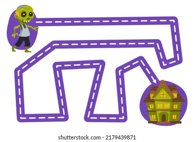 Education game for children handwriting practice trace the lines move cute cartoon zombie to haunted house halloween printable worksheet