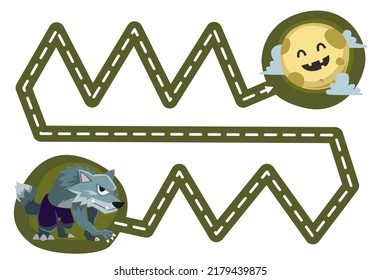 Education game for children handwriting practice trace the lines move cute cartoon werewolf to moon halloween printable worksheet