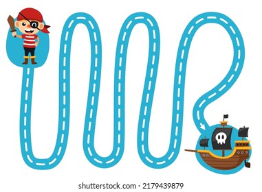 Education game for children handwriting practice trace the lines move cute cartoon pirate boy to ship halloween printable worksheet