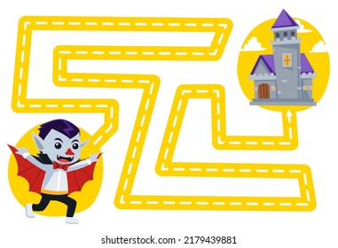 Education game for children handwriting practice trace the lines move cute cartoon dracula to castle halloween printable worksheet