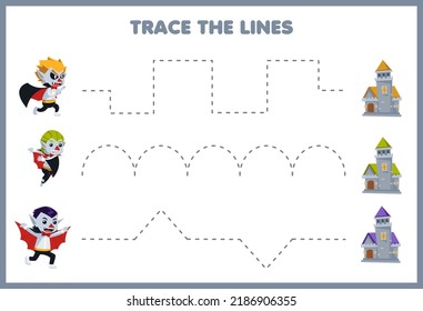 Education game for children handwriting practice trace the lines with cute cartoon castle and dracula costume picture halloween printable worksheet