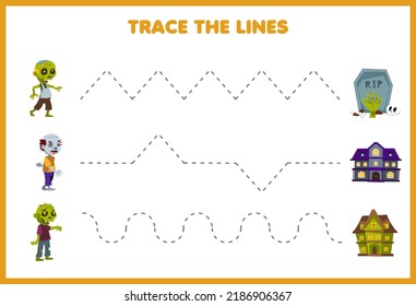 Education game for children handwriting practice trace the lines with cute cartoon tombstone spooky house and zombie costume picture halloween printable worksheet
