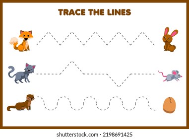 Education game for children handwriting practice trace the lines with cute cartoon fox cat weasel rabbit mouse egg picture printable farm worksheet