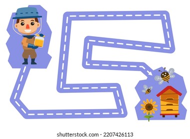 Education game for children handwriting practice trace the lines help cute cartoon honey farmer move to beehive printable farm worksheet