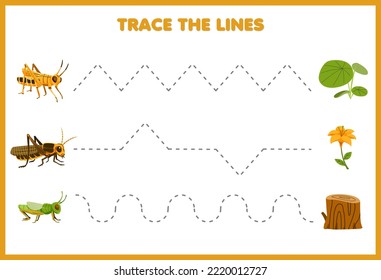 Education game for children handwriting practice trace the lines with cute cartoon grasshopper and plant picture printable bug worksheet