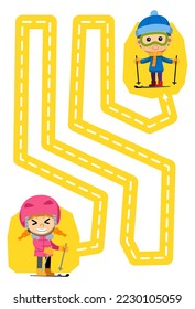 Education game for children handwriting practice trace the lines help cute cartoon girl playing ski move to boy printable winter worksheet