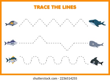 Education game for children handwriting practice trace the lines with cute cartoon fish move to whale underwater worksheet