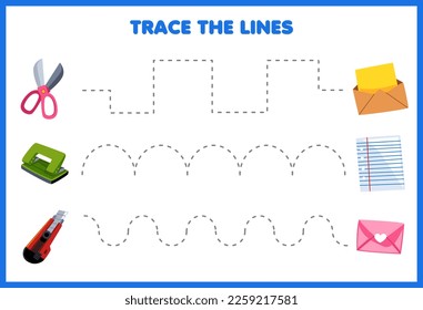 Juego de educación para niños práctica de escritura a mano rastrear las líneas con tijera de dibujos animados tierno o cortador de punzonador moverse a la hoja de cálculo de la herramienta de imagen de papel sobre
