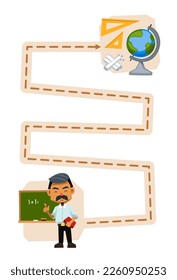 Education game for children handwriting practice trace the lines help cute cartoon teacher move to ruler chalk and globe printable tool worksheet