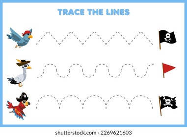 Education game for children handwriting practice trace the lines with cute cartoon bird with pirate outfit move to flag pirate worksheet