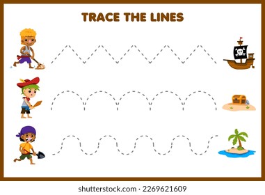 Education game for children handwriting practice trace the lines with cute cartoon pirate crew move to ship and island pirate worksheet