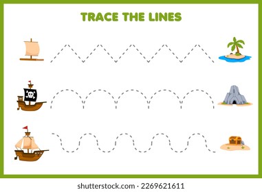 Education game for children handwriting practice trace the lines with cute cartoon ship move to island and cave pirate worksheet