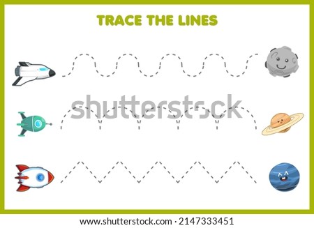 Education game for children handwriting practice trace the lines move cute cartoon solar system spaceship rocket planet