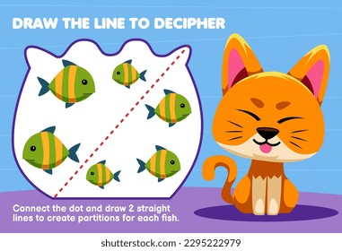 Education game for children help cat draw the lines to separate fish printable animal worksheet