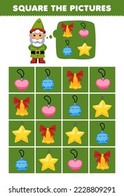 Education game for children help cute cartoon gnome square the correct bell and ornament shape set picture printable winter worksheet