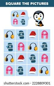 El juego de educación para niños ayuda a los adorables pingüinos de dibujos animados cuadrados la imagen fija correcta imprimible de la hoja de cálculo de invierno