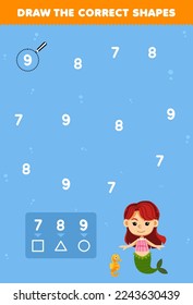 Education game for children help cute cartoon mermaid draw the correct shapes according to the number printable underwater worksheet