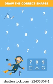 El juego de educación para niños ayuda a los adorables buzos profesionales de dibujos animados a dibujar las formas correctas según el número de hojas de cálculo submarinas imprimibles