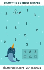 Education game for children help cute cartoon narwhal draw the correct shapes according to the number printable underwater worksheet