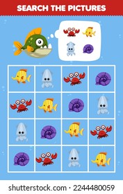 Education game for children help cute cartoon piranha square the correct animal set picture printable underwater worksheet