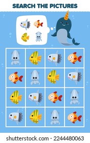 Education game for children help cute cartoon narwhal square the correct animal set picture printable underwater worksheet