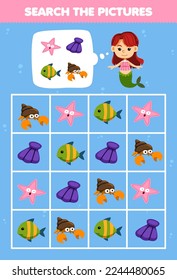 Erziehungsspiel für Kinder hilft süßen Cartoon Mermaid Quadrat der richtigen Tier-Set-Bild druckbare Unterwasser-Tabelle