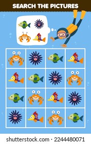El juego de educación para niños ayuda a los adorables buzos de dibujos animados cuadrar el conjunto correcto de imágenes animales imprimibles bajo el agua hoja de cálculo
