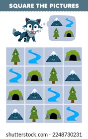 Education game for children help cute cartoon wolf square the correct mountain river tree cave set picture printable nature worksheet