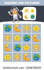 Education game for children help cute cartoon astronaut square the correct sun star moon planet set picture printable nature worksheet