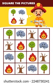 Education game for children help cute cartoon firefighter square the correct tree smoke fire wood set picture printable nature worksheet