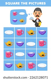 Juego de educación para niños ayuda al tierno camarero de dibujos animados a cuadrar el plato de taza correcto tetera y juego de tazón imagen herramienta imprimible