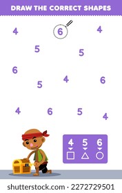 Education game for children help cute cartoon bald man trying open the chest draw the correct shapes according to the number printable pirate worksheet