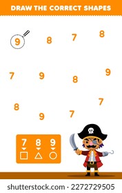 Education game for children help cute cartoon pirate captain draw the correct shapes according to the number printable pirate worksheet