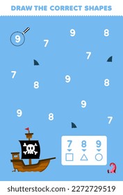 Education game for children help cute cartoon wooden ship draw the correct shapes according to the number printable pirate worksheet