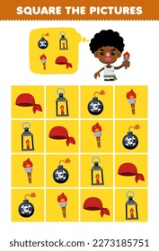 Education game for children help cute cartoon boy square the correct bomb lantern torch bandana set picture printable pirate worksheet