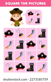Juego de educación para niños ayuda al lindo niño caricaturista cuadrar el juego de pulsera de pulsera de sombrero juego de espada conjunto de imagen hoja de cálculo pirata imprimible