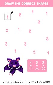 El juego de educación para niños ayuda a los murciélagos de dibujos animados lindos a dibujar las formas correctas según el número de hojas de cálculo de animales imprimibles