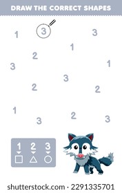 Erziehungsspiel für Kinder hilft süßen Cartoon Wolf, die richtigen Formen nach der Anzahl druckbarer Tabelle zu zeichnen