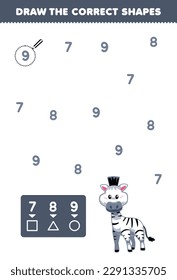 Education game for children help cute cartoon zebra draw the correct shapes according to the number printable animal worksheet
