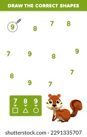 Education game for children help cute cartoon squirrel draw the correct shapes according to the number printable animal worksheet