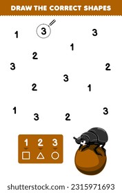 Education game for children help cute cartoon dung beetle draw the correct shapes according to the number printable bug worksheet