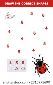 Education game for children help cute cartoon ladybug draw the correct shapes according to the number printable bug worksheet