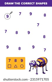 Education game for children help cute cartoon spider draw the correct shapes according to the number printable bug worksheet