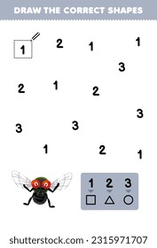 Education game for children help cute cartoon fly draw the correct shapes according to the number printable bug worksheet